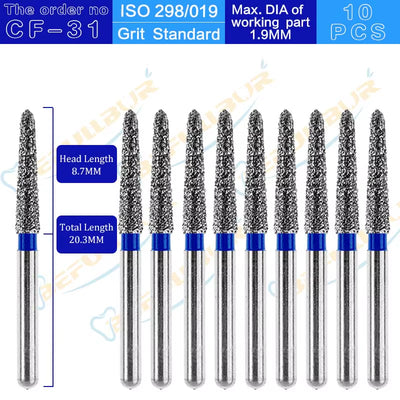 CF Tpye 10PCS Dental Diamond Burs Polishing Teeth Stainless Steel for High Speed Handpiece Dentistry Nail Polishing