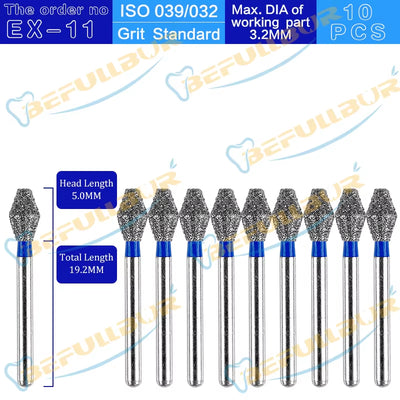10PCS EX Tpye Dental Diamond Burs Polishing Teeth Stainless Steel for High Speed Handpiece Dentistry Nail Polishing