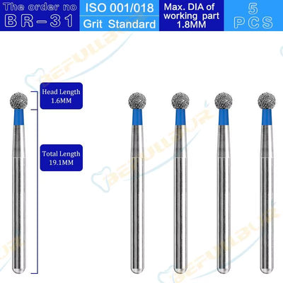 BR Tpye 5PCS Dental Diamond Burs for High Speed Handpiece Polishing Teeth Stainless Steel Dentistry Nail Polishing