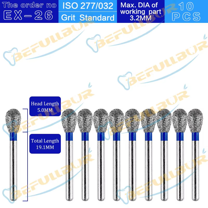 10PCS EX Tpye Dental Diamond Burs Polishing Teeth Stainless Steel for High Speed Handpiece Dentistry Nail Polishing