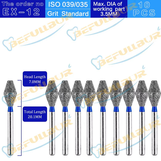 10PCS EX Tpye Dental Diamond Burs Polishing Teeth Stainless Steel for High Speed Handpiece Dentistry Nail Polishing