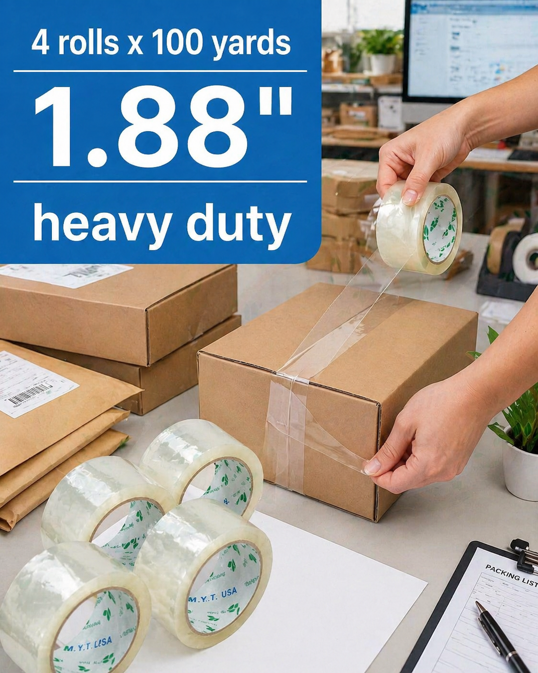 Clear Heavy Duty Packaging Tape – 4 Rolls, 1.88" x 100 Yards Each