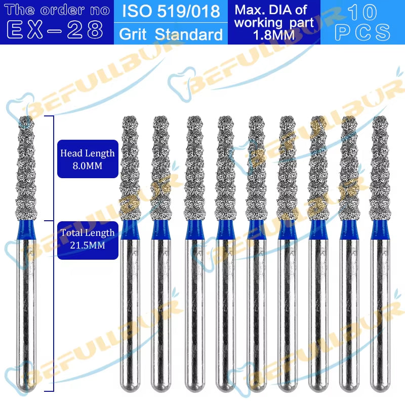 10PCS EX Tpye Dental Diamond Burs Polishing Teeth Stainless Steel for High Speed Handpiece Dentistry Nail Polishing