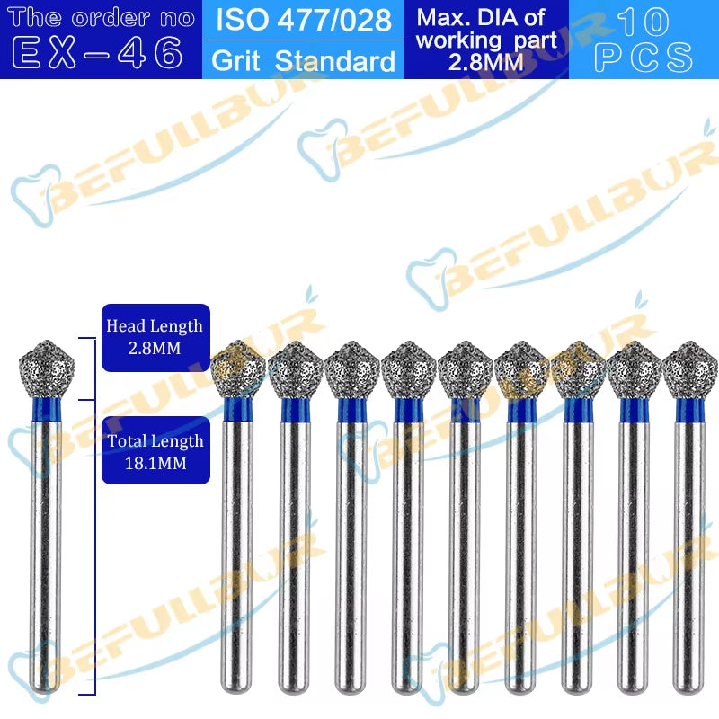 10PCS EX Tpye Dental Diamond Burs Polishing Teeth Stainless Steel for High Speed Handpiece Dentistry Nail Polishing