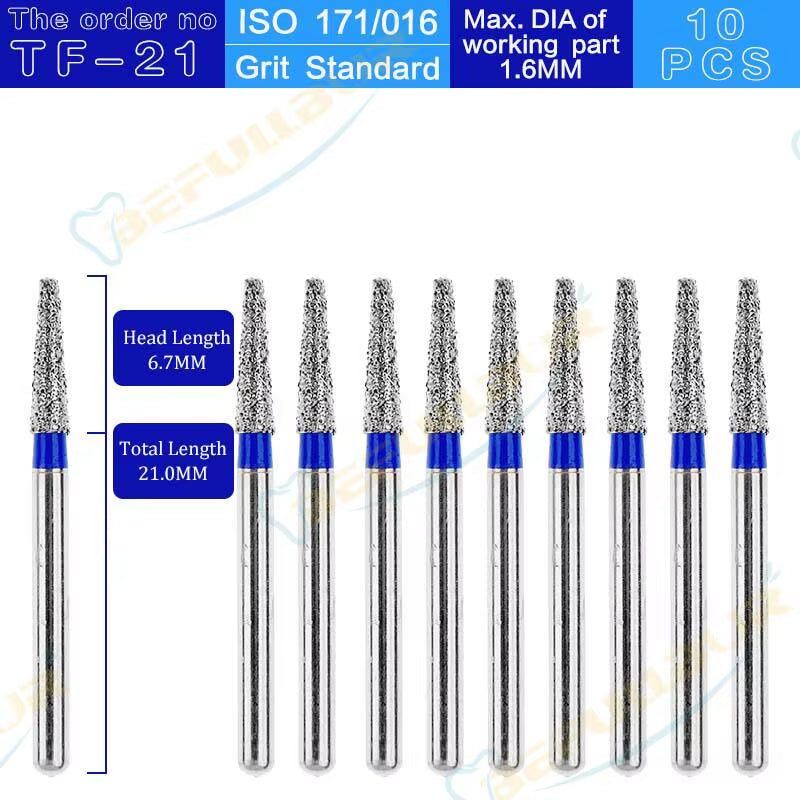 TF Tpye 10PCS Dental Diamond Burs Polishing Teeth Stainless Steel for High Speed Handpiece Dentistry Nail Polishing